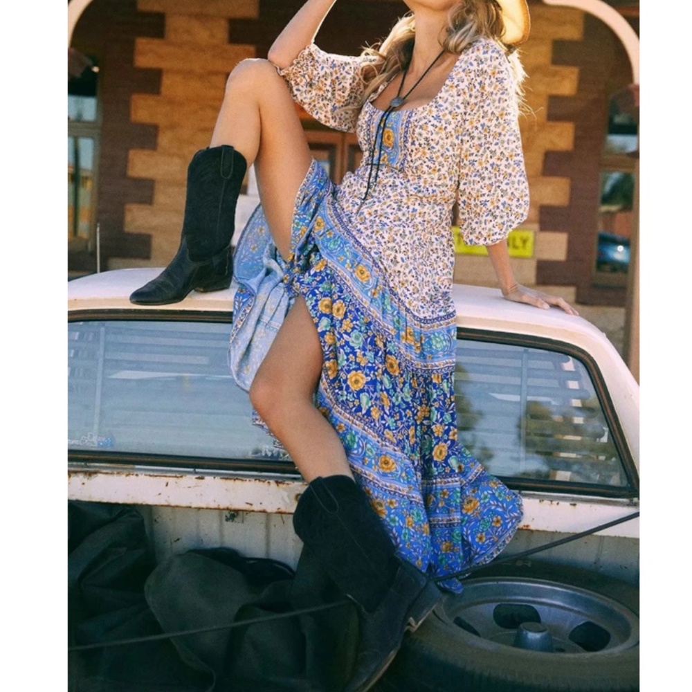 Bohemian Gypsy Floral Print Puff Short Sleeve Dress - Picture 3 of 6